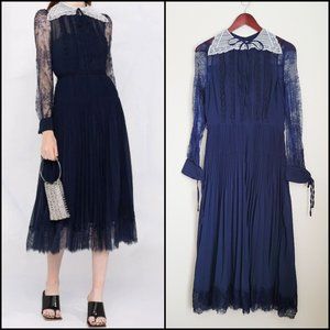 NWOT Self-Portrait Pleated Lace Panel Midi Navy Blue Long Sleeve Dress, Size 4
